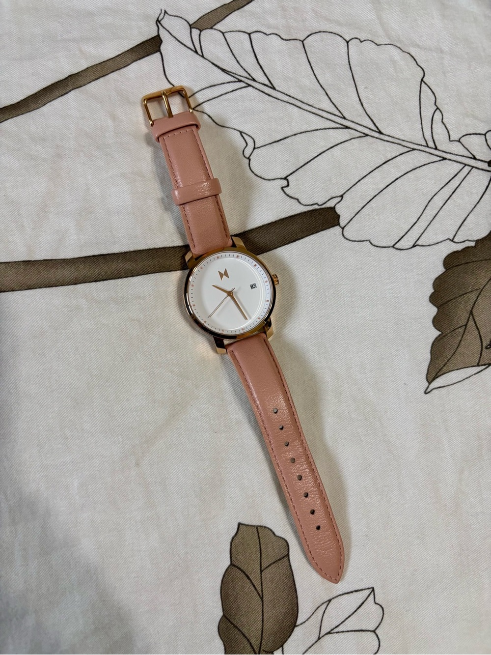 MVMT Pink Leather Strap Watch with White Dial and Gold Case